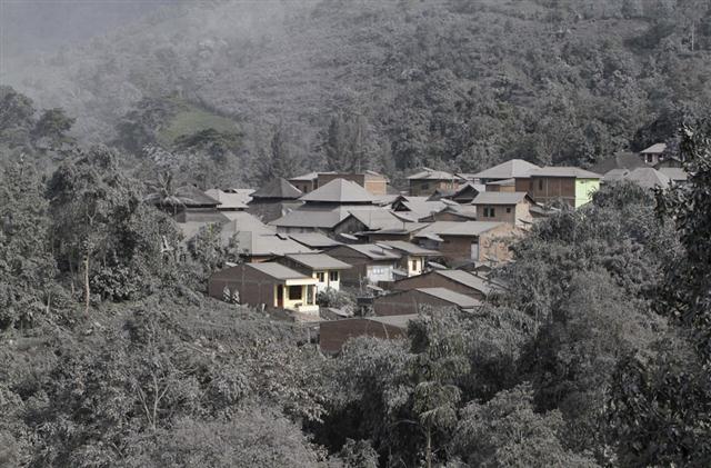 Tro bụi từ núi lửa Sinabung bao phủ các căn nhà và cây cối ở làng Mardingding, quận Karo