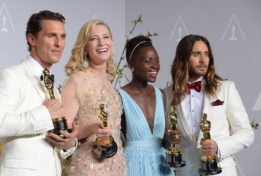 Các diễn viên xuất sắc nhất tại lễ trao giải Oscar: Từ trái sang phải, Matthew McConaughey, nam diễn viên xuất sắc nhất; Cate Blanchett, nữ diễn viên xuất sắc nhất; Lupita Nyong'o, Nữ diễn viên phụ xuất sắc nhất; Jared Leto, Nam diễn viên phụ xuất sắc nhất.