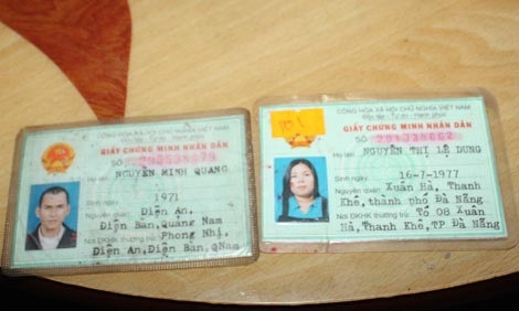 CMND của cặp tình nhân Nguyễn Thị Lệ Dung và Nguyễn Minh Quang.