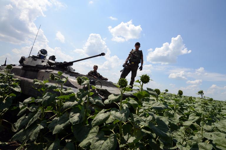 Binh sĩ chính phủ Ukraina ngồi trên một chiếc xe bọc thép giữa cánh đồng hoa hướng dương, cách khoảng 20 km về phía Nam Donetsk