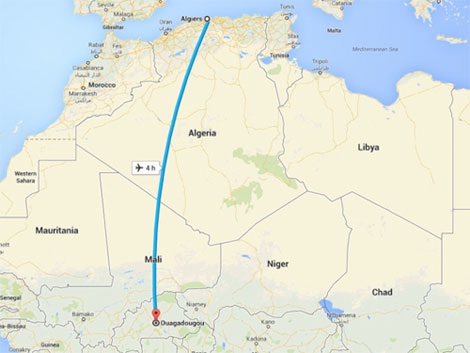 Đồ họa đường bay dự kiến của chuyến AH5017 bị mất tích khi đang bay từ Ouagadougou đến Algiers.Nguồn VNE.