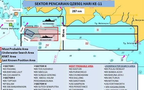 Khu vực tìm kiếm máy bay QZ8501 đã được thu hẹp (hình chữ nhật màu đỏ)