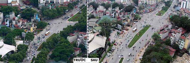 Đường Nguyễn Chí Thanh (Hà Nội) trước và sau khi chặt cây. Ảnh: Internet 
