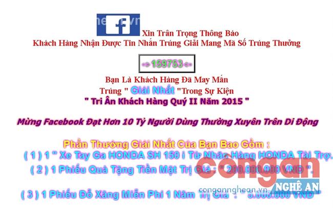 Thông báo trúng thưởng từ website xacnhangiaithuong.com