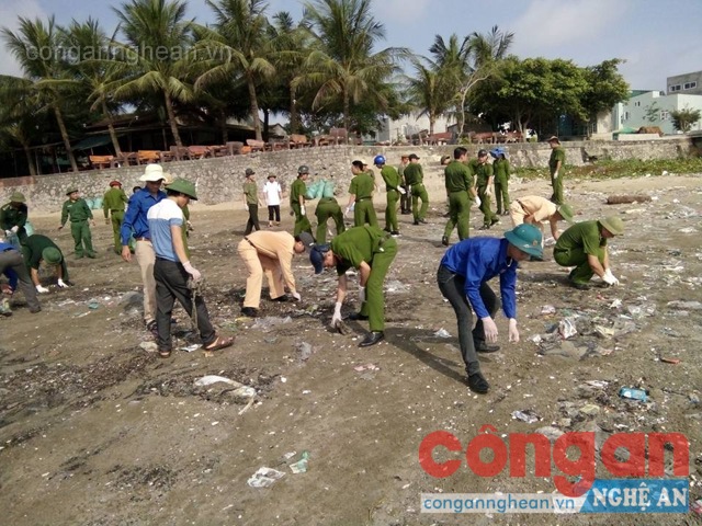 ĐVTN Thị xã Hoàng Mai thu gom rác tại bãi biển Quỳnh Phương