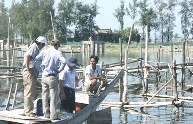 Cơ quan chức năng kiểm tra khu vực cá nuôi bị chết ở xã Hải Dương.