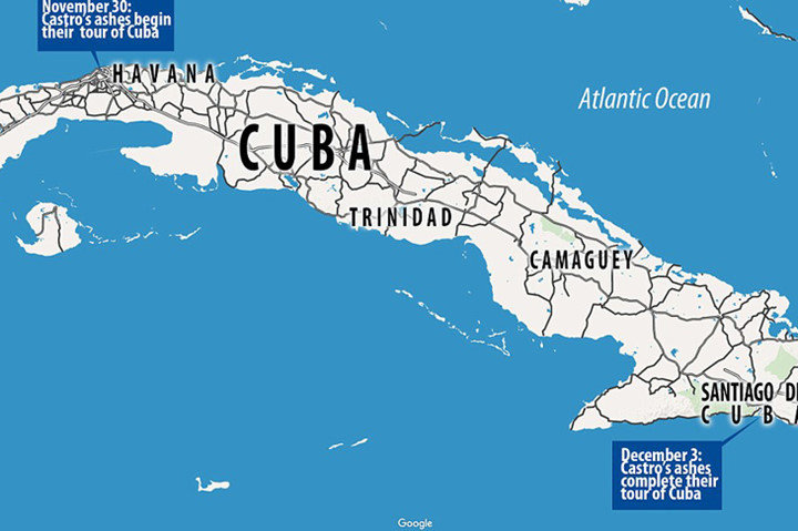 Hành trình xe tang của Cuba từ thủ đô La Habana (30/11) ở miền tây tới Santiago (3/12) ở miền đông. Ảnh: Google.