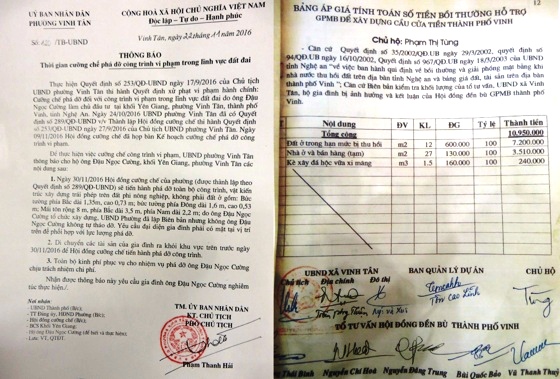  Thông báo thời gian cưỡng chế phá dỡ công trình vi phạm và hồ sơ nhận tiền đền bù giải phóng mặt bằng của bà Phạm Thị Tùng