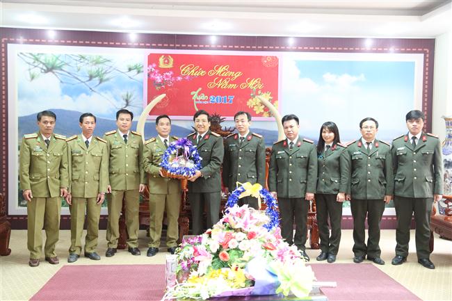 đồng chí Thượng tá Bua Phết, Phó Giám đốc Công an tỉnh Hủa Phăn nước bạn Lào dẫn đầu đã đến thăm, chúc Tết Công an tỉnh Nghệ An
