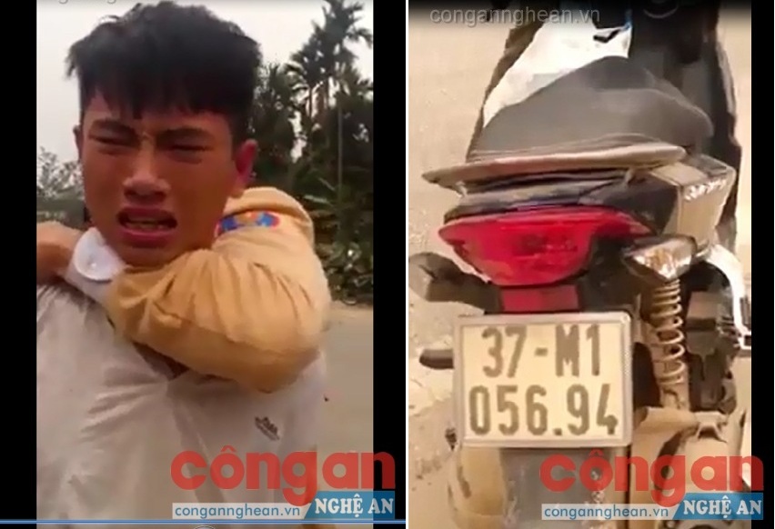 Đối tượng bị các chiến sĩ CSGT Công an huyện Anh Sơn bắt giữ trên đường bỏ chạy và chiếc xe mô tô trong vụ trộm đã được trao trả lại cho người bị mất (Ảnh cắt từ Clip)
