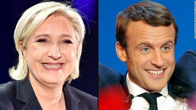 Hai ứng cử viên giành chiến thắng vòng 1 bầu cử Tổng thống Pháp - bà Marine Le Pen và ông Emmanuel Macron. Ảnh: CNN