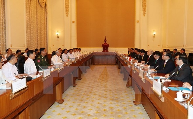 Tổng Bí thư Nguyễn Phú Trọng hội đàm với Tổng thống Myanmar Htin Kyaw. Ảnh: TTXVN