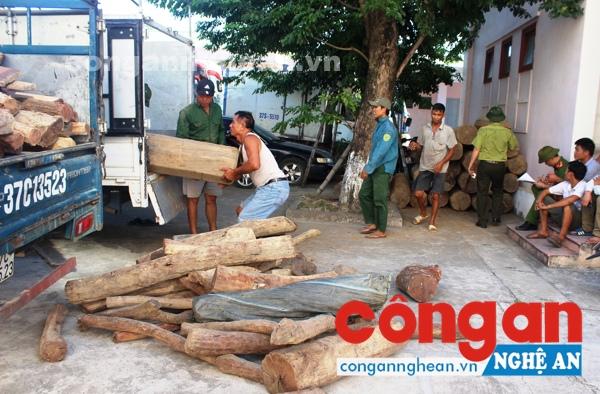 Toàn bộ số gỗ của Nguyễn Đức Phương đang được lực lượng chức năng phân loại, thu giữ