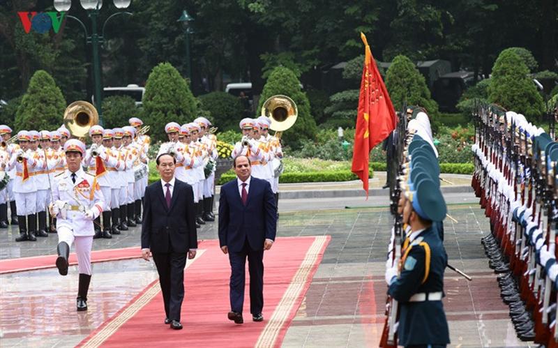 Chủ tịch nước Trần Đại Quang và Tổng thống Ai Cập Abdel Fattah Al Sisi duyệt đội danh dự