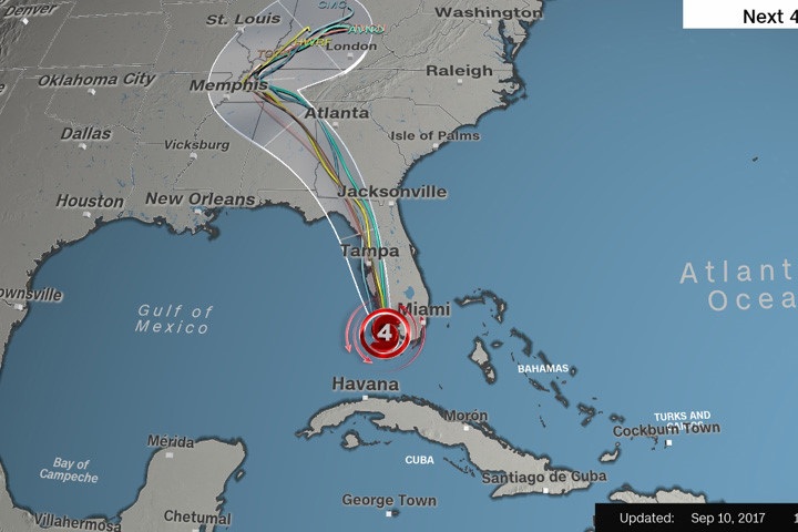 Đồ họa của CNN về đường đi của bão Irma trong 4 ngày tới.