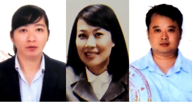 Những bị can bị bắt giữ (từ trái sang phải): Nguyễn Thị Minh Huệ, Trần Thị Kim Chi và Lê Vương Hoàng