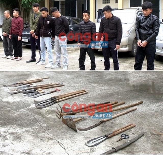 2 nhóm “cò đất” và số hung khí bị Công an huyện Diễn Châu bắt giữ