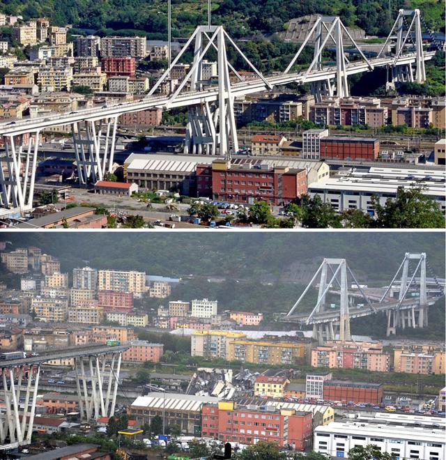 Cầu Morandi trước và sau khi bị sập. (Ảnh trước: The New York Times; ảnh sau: Reuters)
