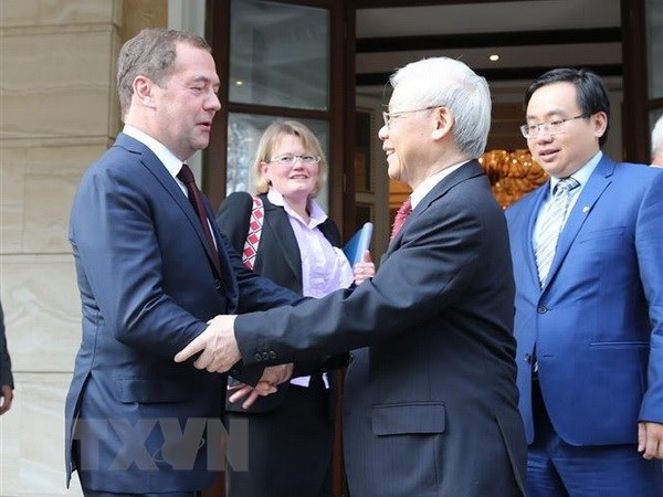 Tổng Bí thư Nguyễn Phú Trọng và Thủ tướng Nga Dmitry Medvedev. ảnh: TTXVN