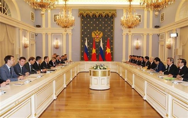 Tổng Bí thư Nguyễn Phú Trọng hội kiến với Thủ tướng Nga Dmitry Medvedev. Ảnh: TTXVN