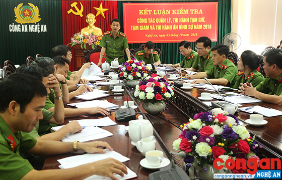 Đồng chí Đại tá Nguyễn Mạnh Hùng - Phó Giám đốc Công an tỉnh Nghệ An nêu lên một số khó khăn, vướng mắc với đoàn kiểm tra.