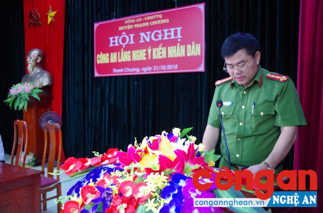 Đồng chí Đại tá Lương Thế Lộc, Trưởng Công an huyện phát biểu tại Hội nghị