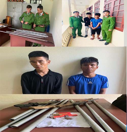2 đối tượng: Nguyễn Văn Thảo (áo xanh), Nguyễn Văn Tùng và tang vật vụ án