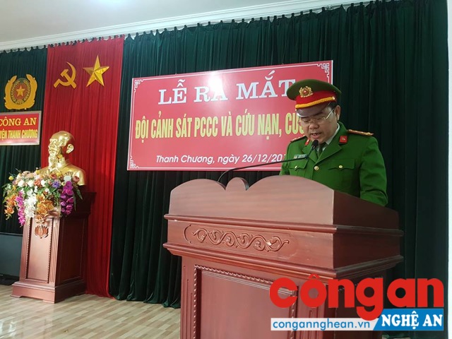 Đồng chí Đại tá Lương Thế Lộc, Trưởng Công an huyện phát biểu tại Lễ ra mắt