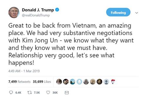 Sau thượng đỉnh Mỹ - Triểu tại Hà Nội, Tổng thống Mỹ Trump đã rất nhiều lần nói cảm ơn Việt Nam bày tỏ cảm xúc Việt Nam là nơi tuyệt vời trên trang cá nhân