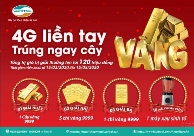Duy nhất tại Nghệ An: Khách hàng đăng ký 4G Viettel có cơ hội 'rinh' ngay 1 cây vàng