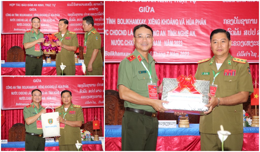 Công an tỉnh Bo Ly Khăm Xay tặng quà Giám đốc Công an tỉnh Nghệ An
