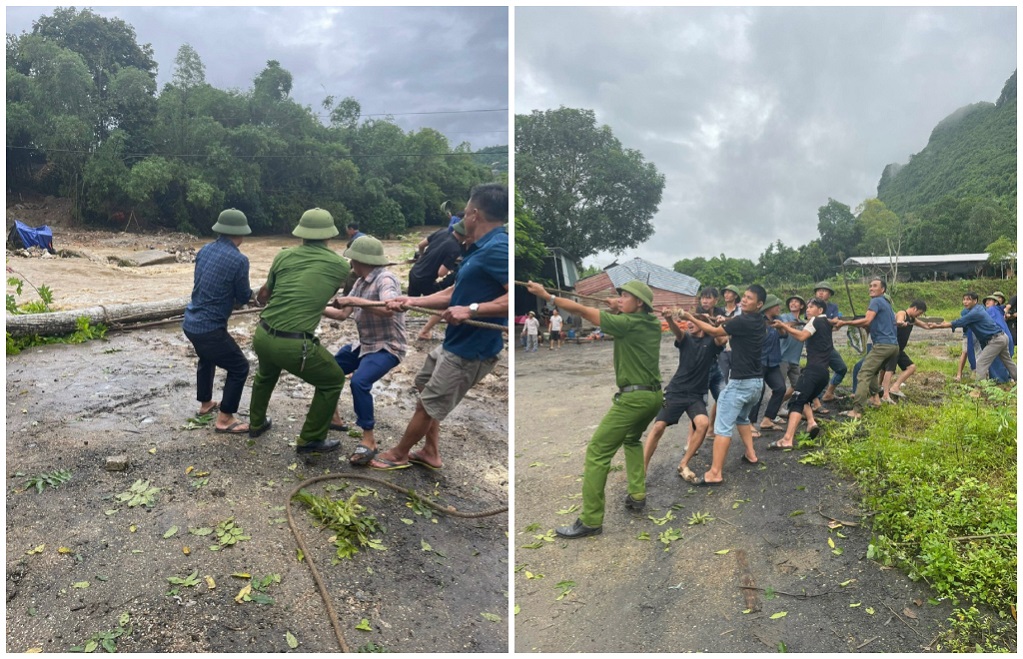 Công an huyện Tân Kỳ cùng người dân chằng néo giữ cầu bị trôi và chặt cây to có nguy cơ gãy đổ làm sập cầu